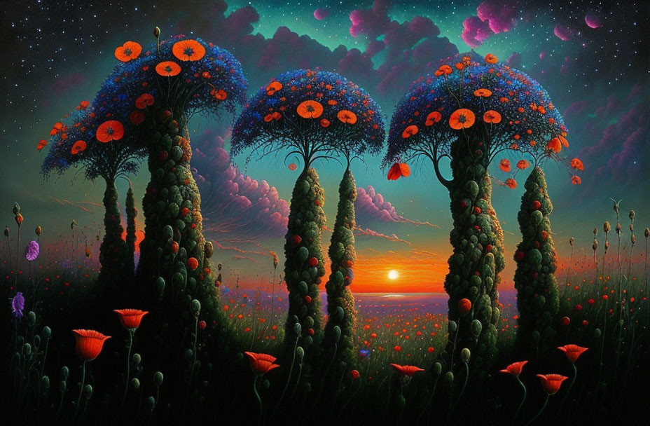 Fantastical landscape with tree-like structures and colorful flowers under starry night sky