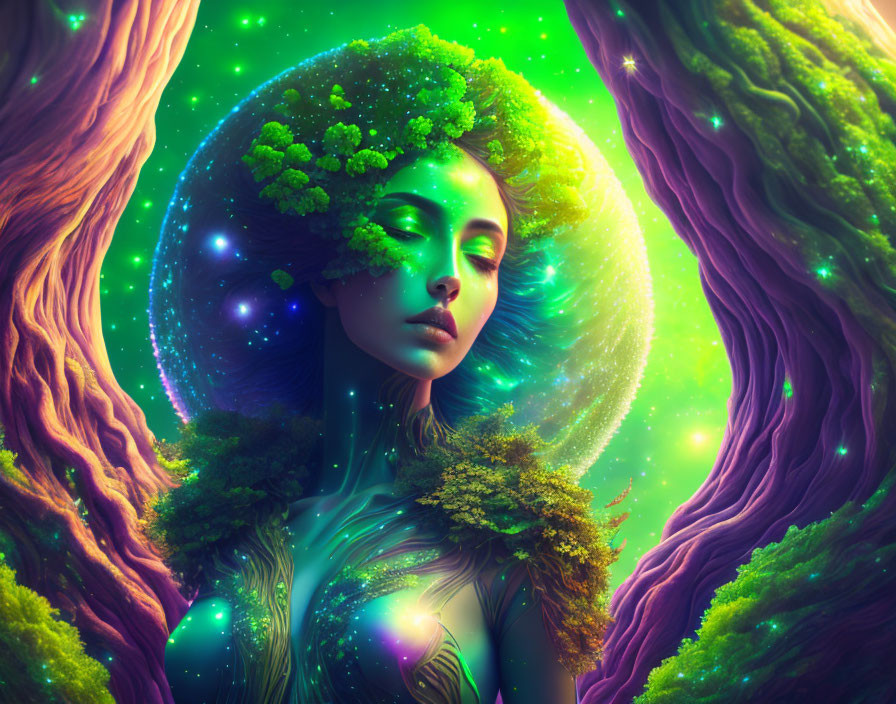 Surreal portrait of woman with green foliage hair and cosmic elements