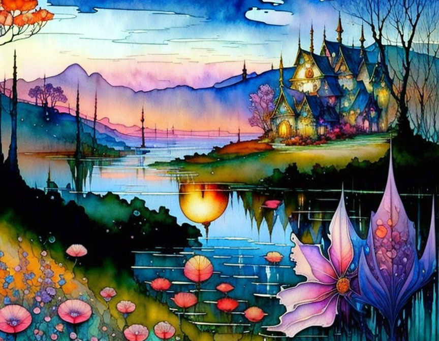 Whimsical castle at twilight with luminous flowers and serene lake