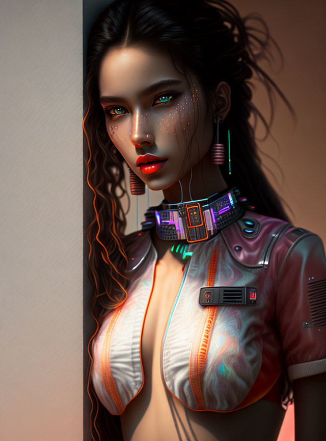 Futuristic woman in digital art with glowing makeup and ambient lighting