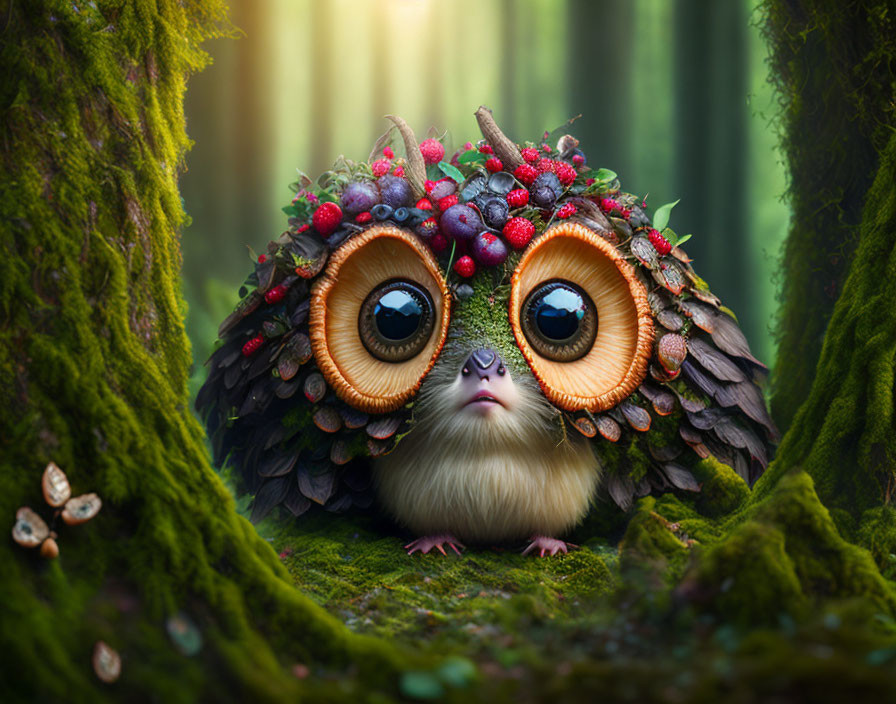 Colorful feathered creature in forest with expressive eyes and leafy crown