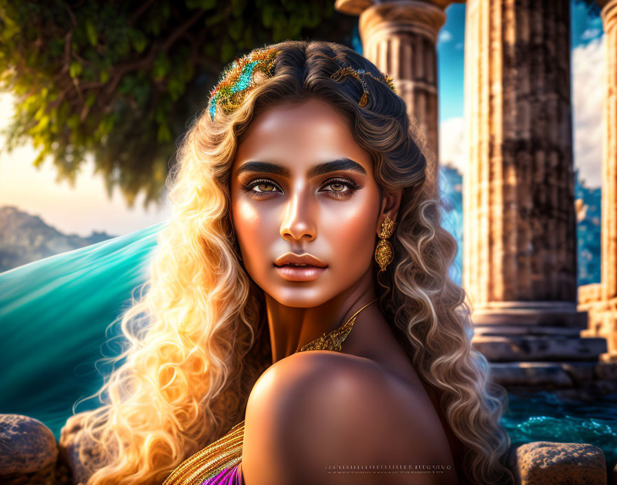 Golden-haired woman with green eyes in gold jewelry against classical columns and sea.