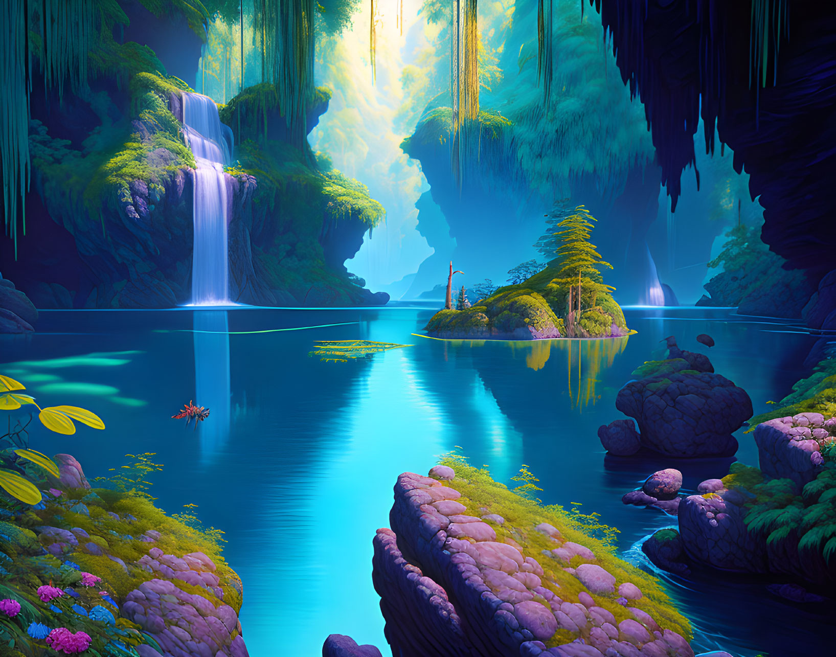 Surreal landscape with waterfalls, blue water, lush greenery, and mysterious figure