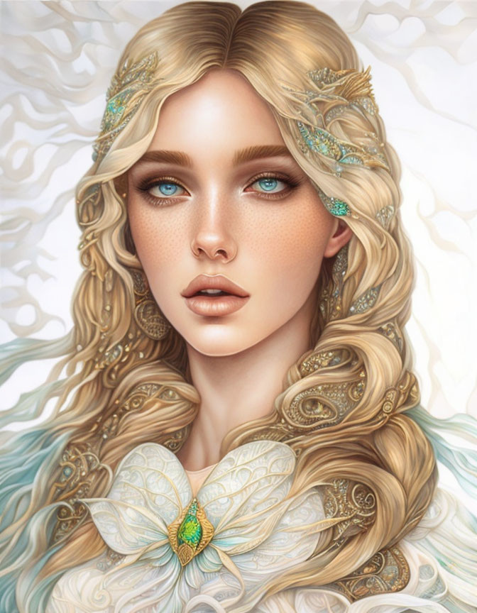 Detailed digital artwork: Woman with golden hair, blue eyes, white and gold attire, butterfly motif