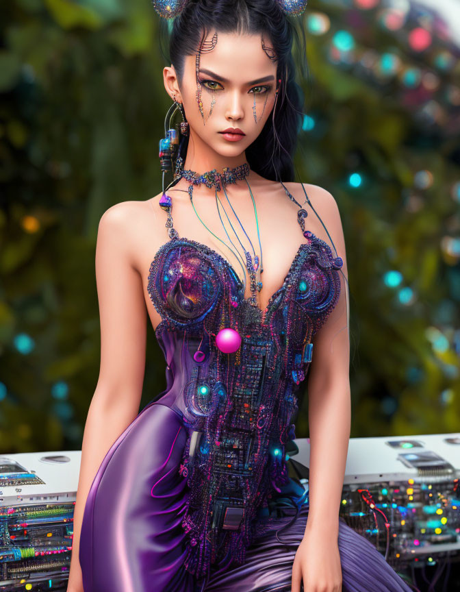 Futuristic makeup woman with circuit board elements and glowing orbs on foliage background