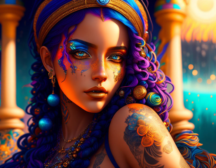 Fantasy portrait of woman with blue and purple hair, gold jewelry, tattoos, blue eyes, and