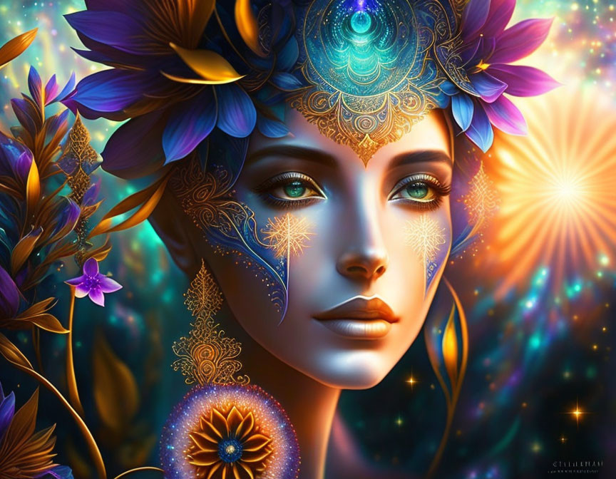 Colorful digital artwork: Woman with floral headpiece and intricate patterns, surrounded by glowing flowers.