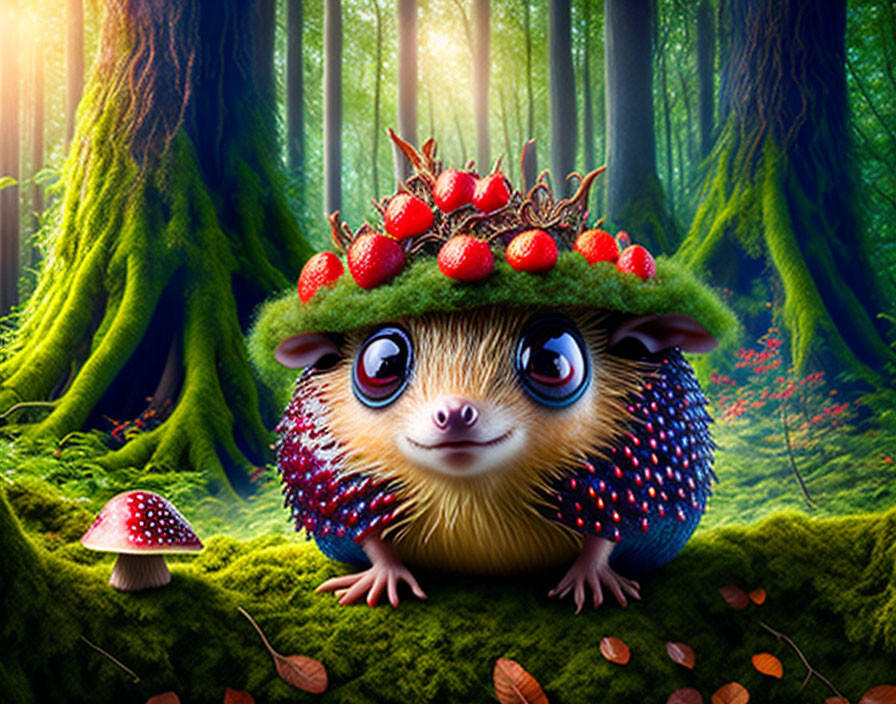 Whimsical illustration of cute blue creature with strawberry crown in magical forest.