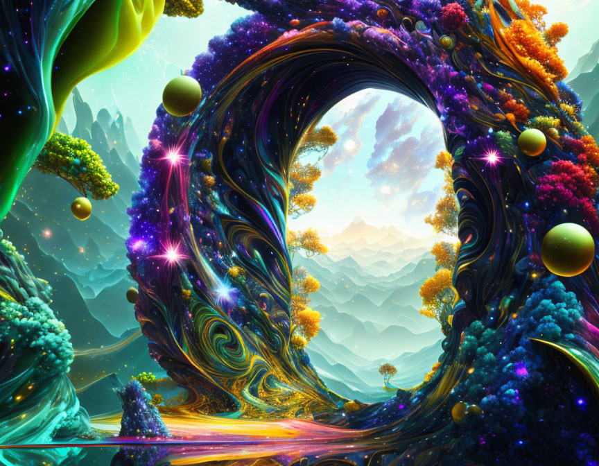 Vivid digital artwork: Swirl-shaped portal, floating orbs, and mountain landscape.