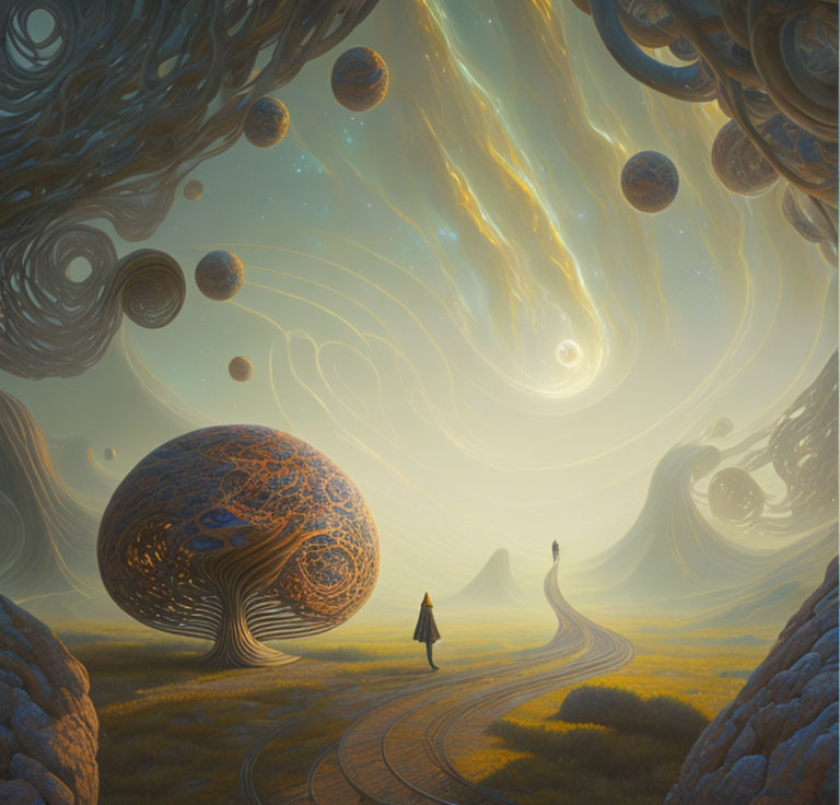 Surreal landscape with swirling skies and floating orbs.