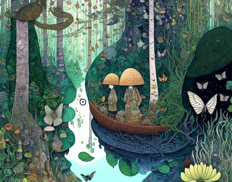 Colorful forest scene with giant mushrooms, boat, plants, and butterflies