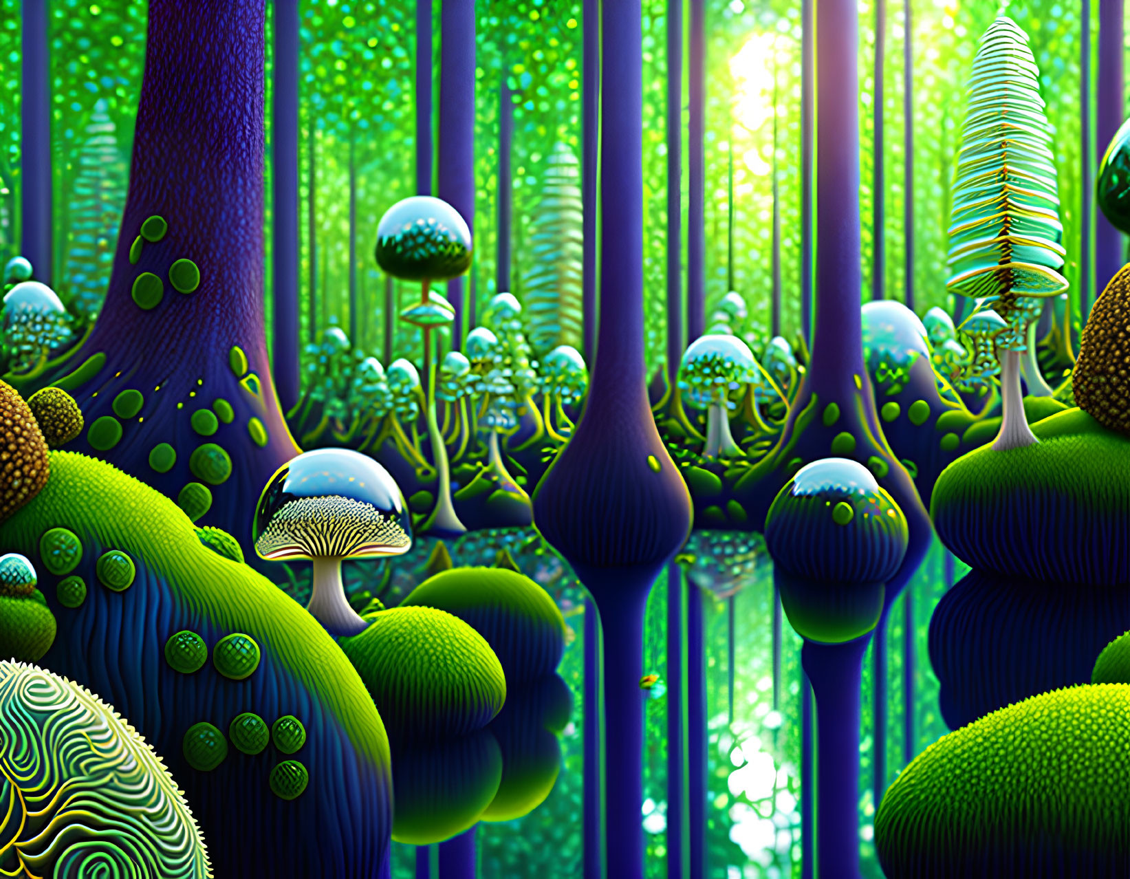 Colorful digital art: Whimsical forest with stylized trees and mushrooms