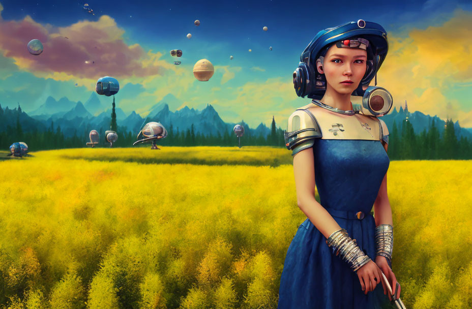 Futuristic young woman in field with orbs, spacecraft, and multiple planets in sky