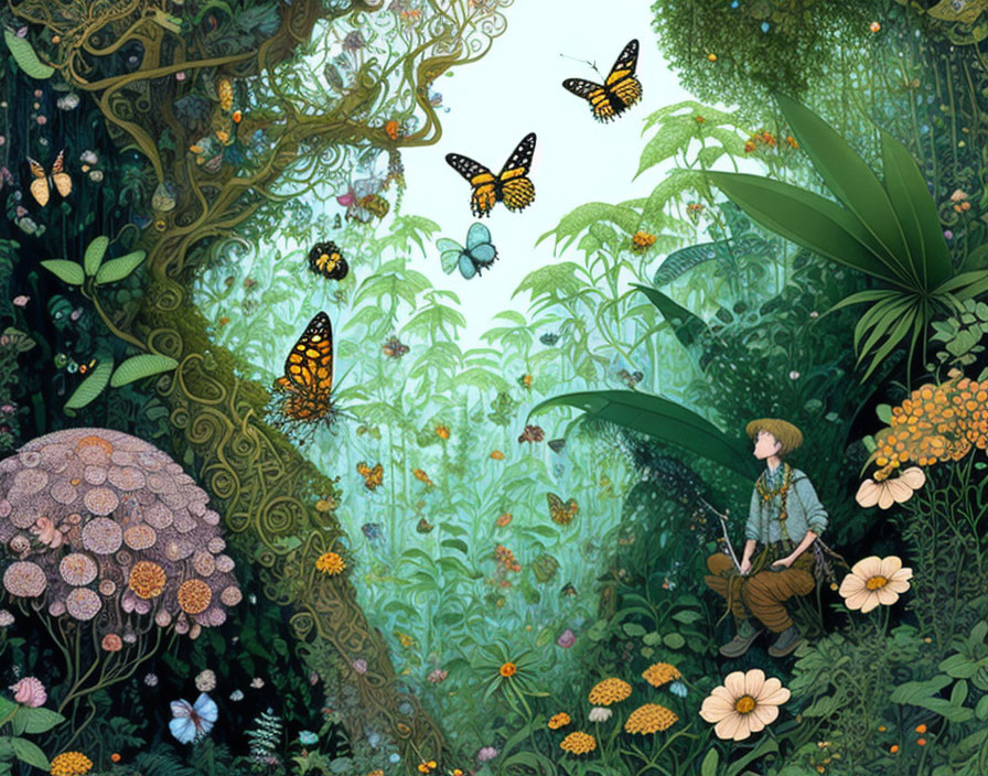 Vibrant forest scene with child, butterflies, and flowers