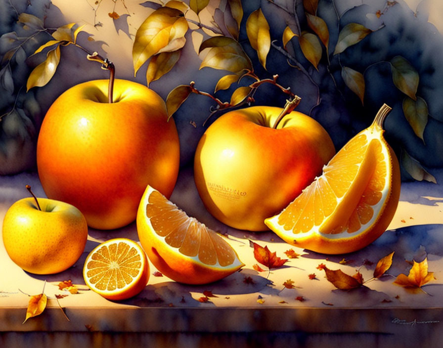 Vibrant still life painting of apples and oranges with detailed textures