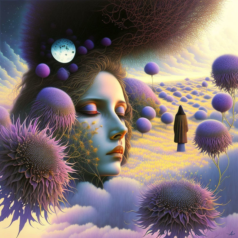 Surreal artwork of woman merging with purple landscape & celestial moon