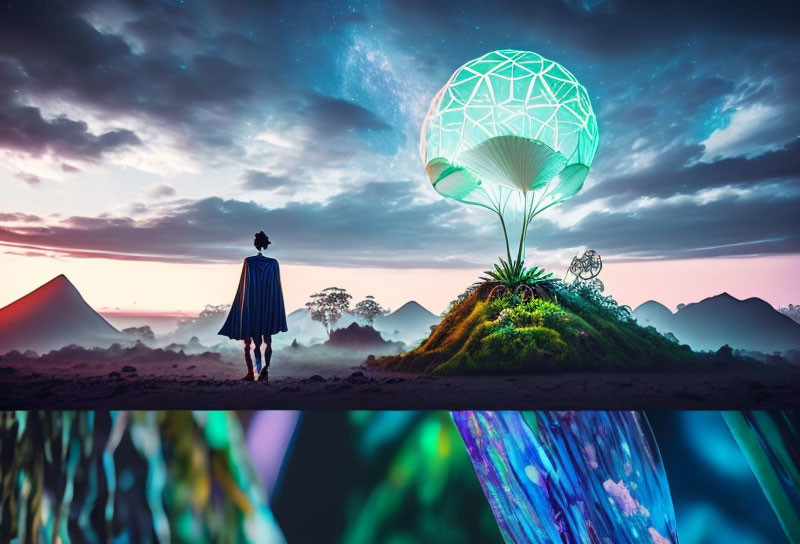 Person in cape in front of glowing geometric structures and colorful sky