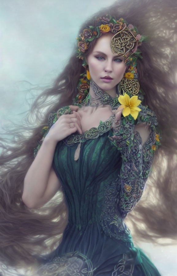 Woman with flowing hair in floral wreath and green dress holding yellow flower