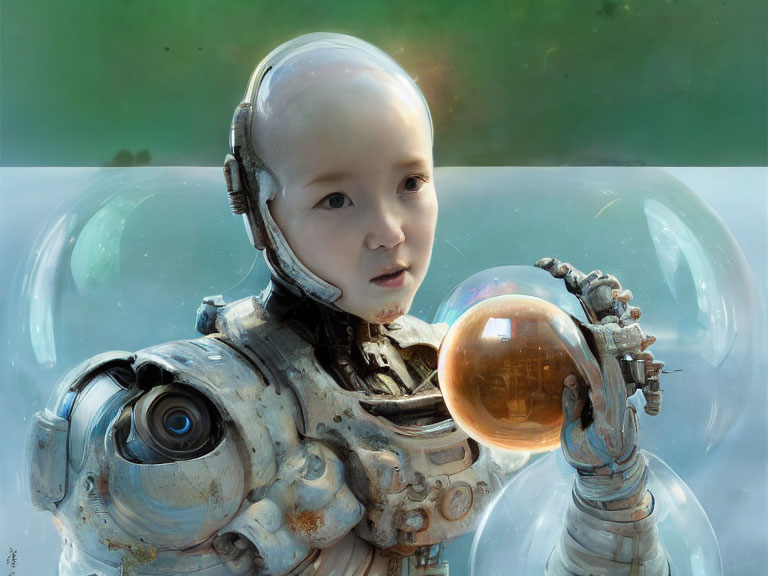 Child-like android with dome-shaped head holding spherical object in bubbles on green backdrop