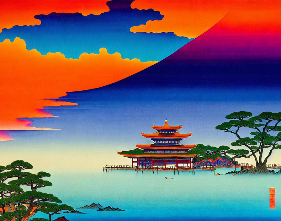 Traditional Japanese Art: Pagoda by the Sea, Pine Trees, Dusk Sky