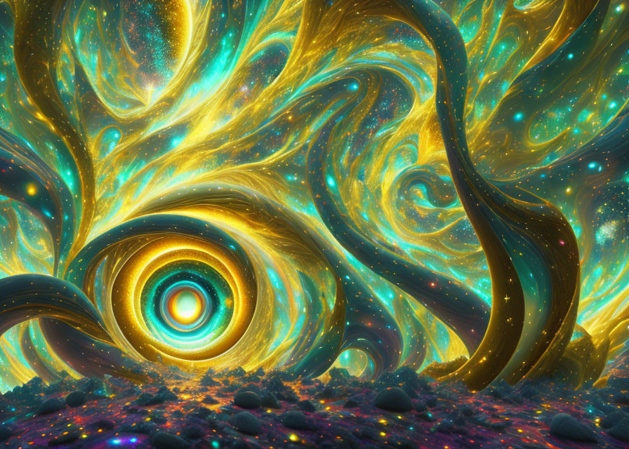 Vibrant digital art: swirling gold and blue cosmic patterns