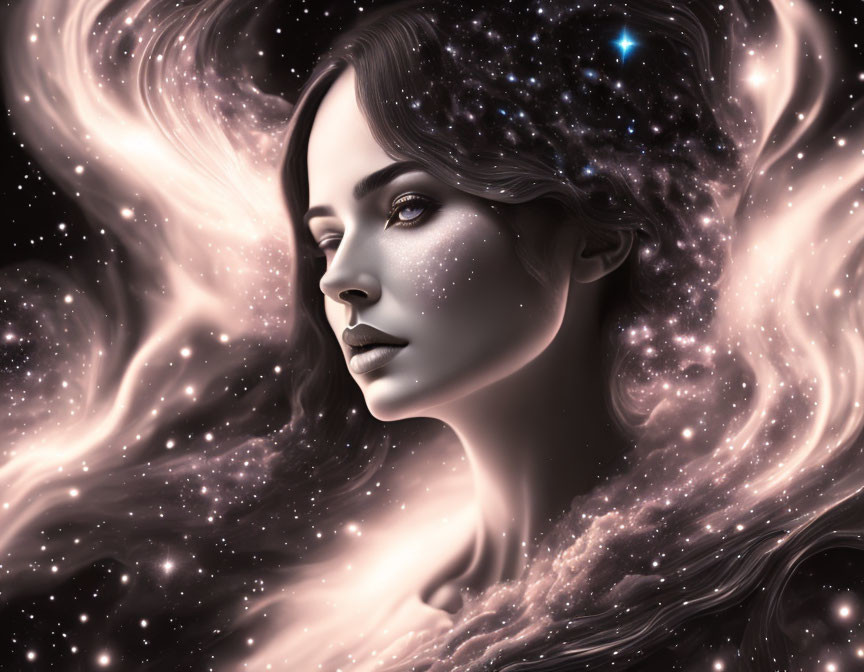 Cosmic-themed digital portrait with swirling galaxies and stars