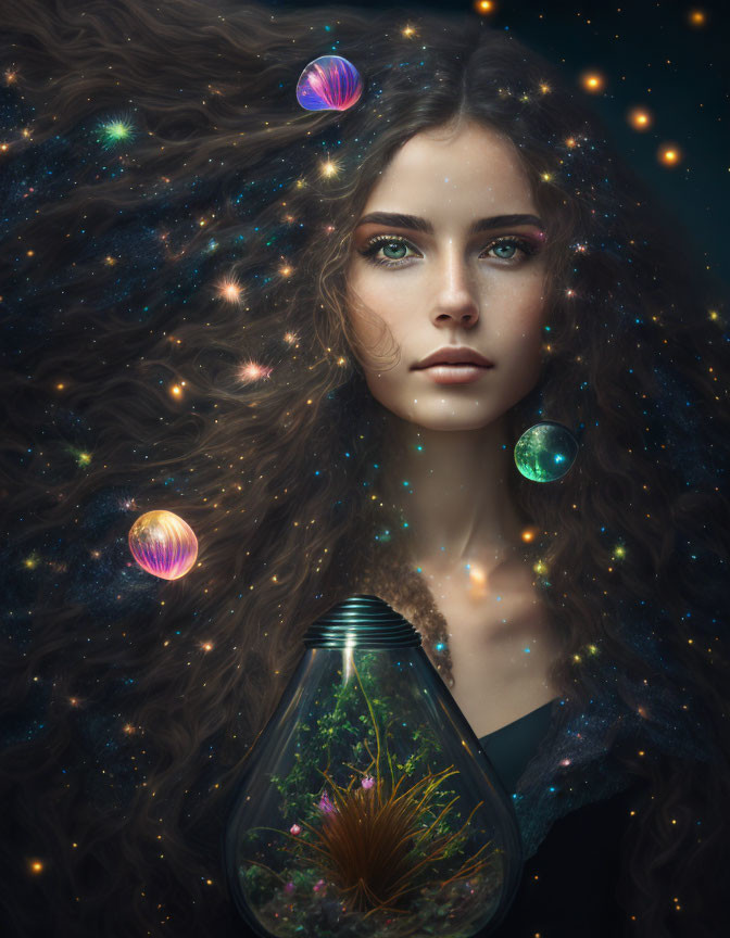 Fantasy portrait: woman with cosmic hair and lightbulb terrarium.