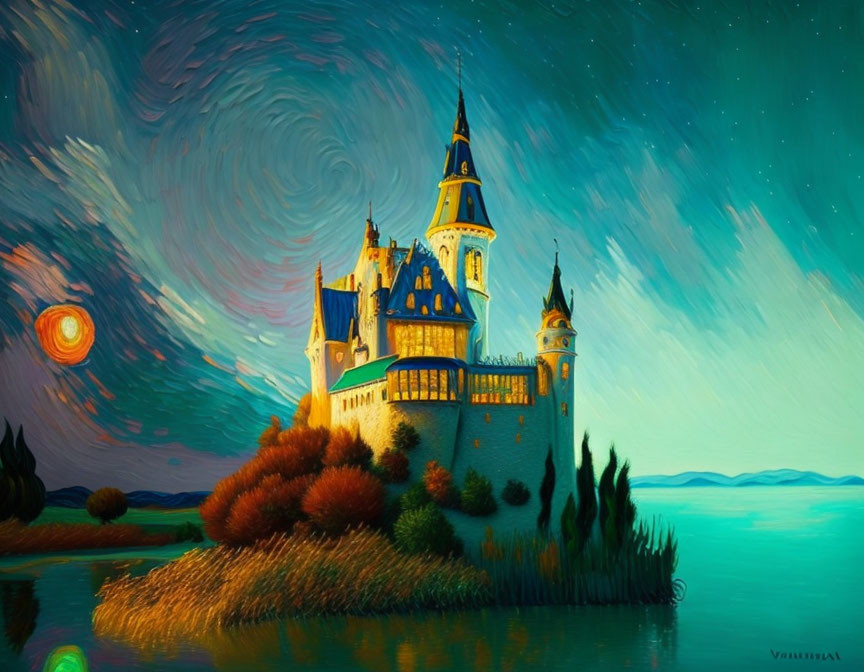 Fantasy castle painting with swirling skies and lush island foliage