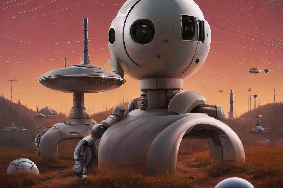 Futuristic robot with spherical head in sci-fi environment