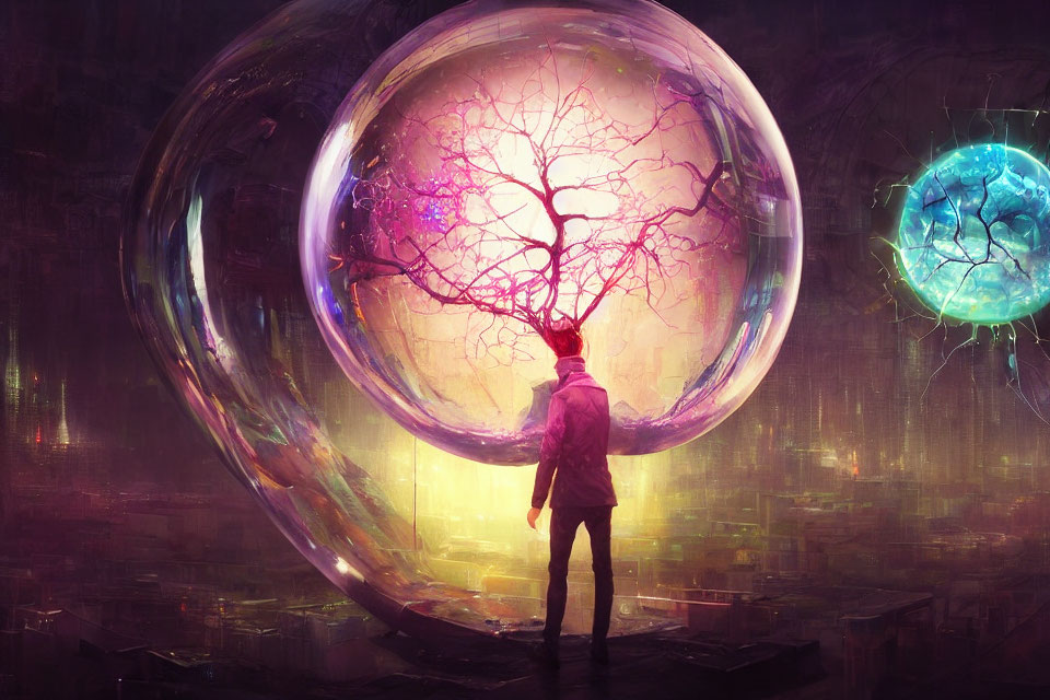 Person standing before large glowing orb and purple tree with cityscape in background