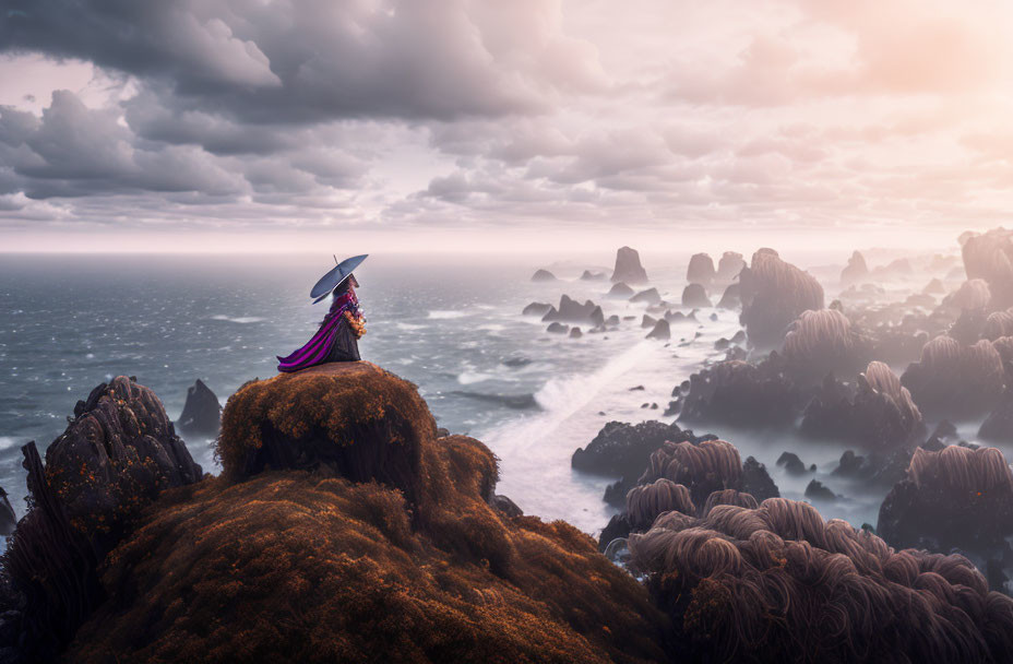 Person with Umbrella Stands on Coastal Cliff Watching Stormy Sea