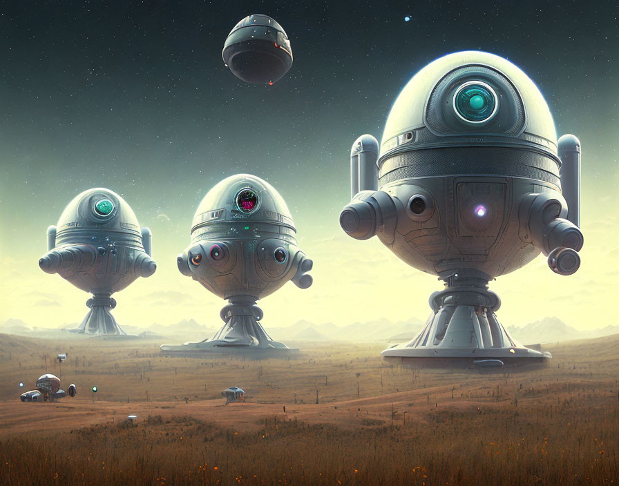 Futuristic robots with spherical bodies in grassy field scenery