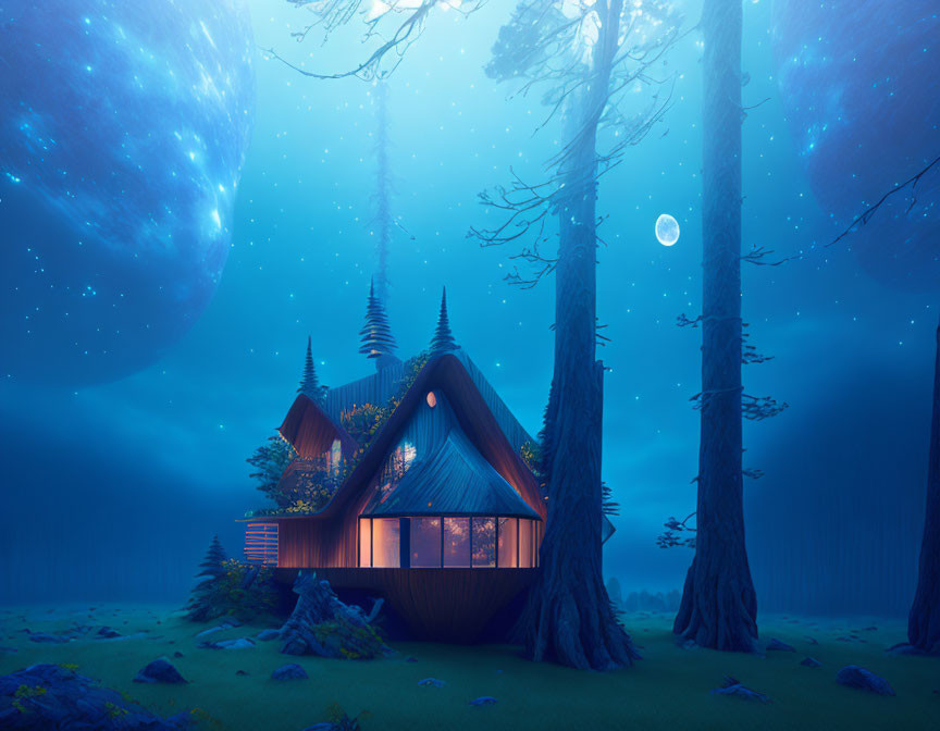 Enchanting night forest with cozy cabin under starry sky