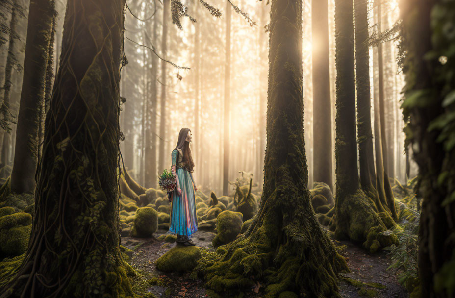 Woman in flowing dress in sunlit forest with bouquet