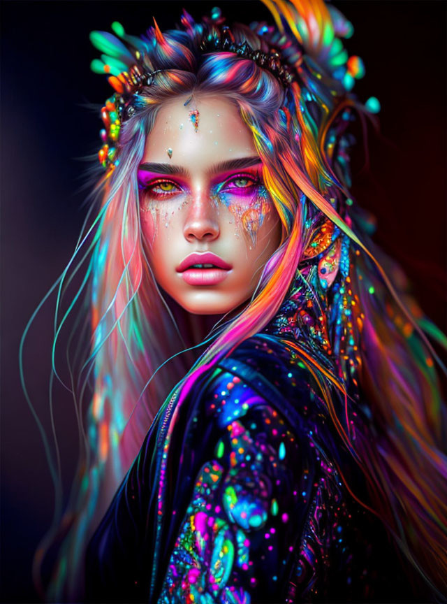 Vibrant digital artwork: Woman with multicolored hair and face paint