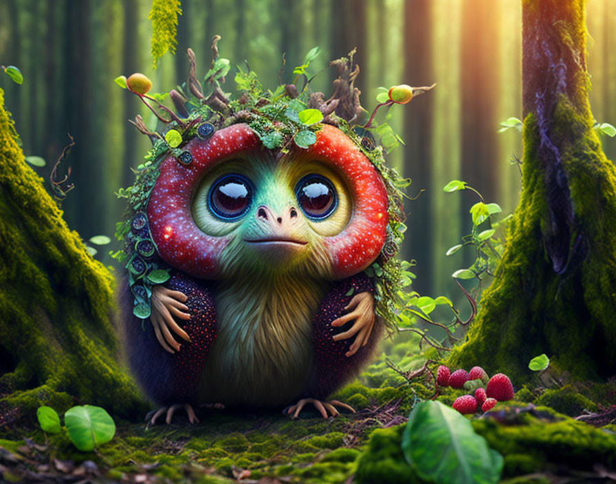 Whimsical creature with large eyes in enchanted forest habitat