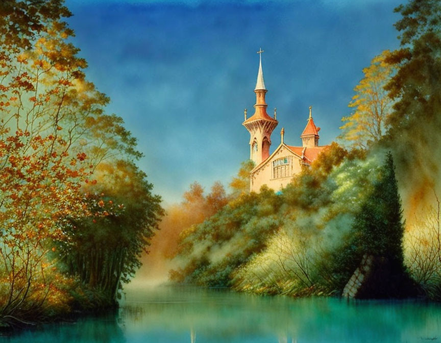 Tranquil fall landscape: castle, vibrant foliage, river reflections