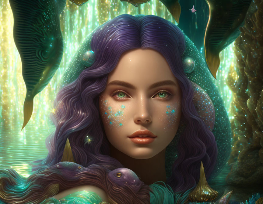 Mystical woman with purple hair in luminescent setting