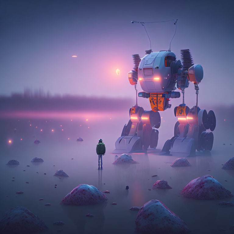 Futuristic robot and person on misty rocky terrain