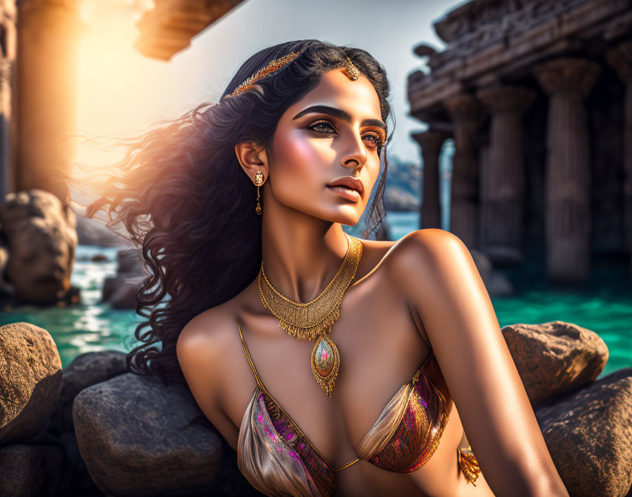 Elaborately adorned woman poses at ancient temple in sunset.