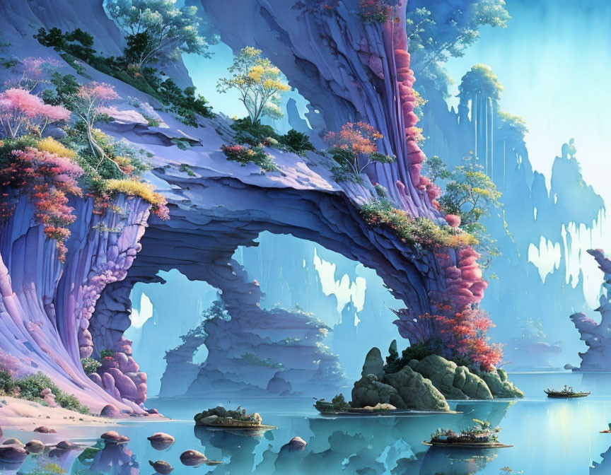 Vibrant purple rock formations and arches in surreal landscape