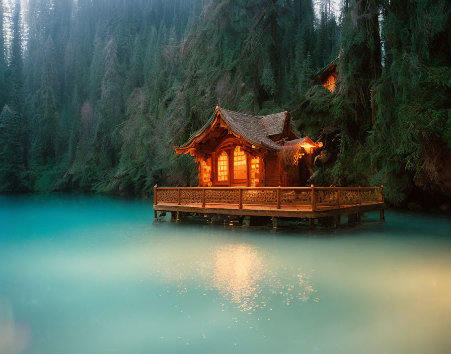 Wooden cabin with detailed deck by turquoise lake and misty forest at dusk