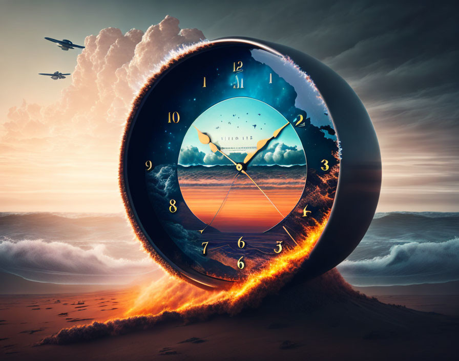 Surreal image: burning clock over seascape with flying planes