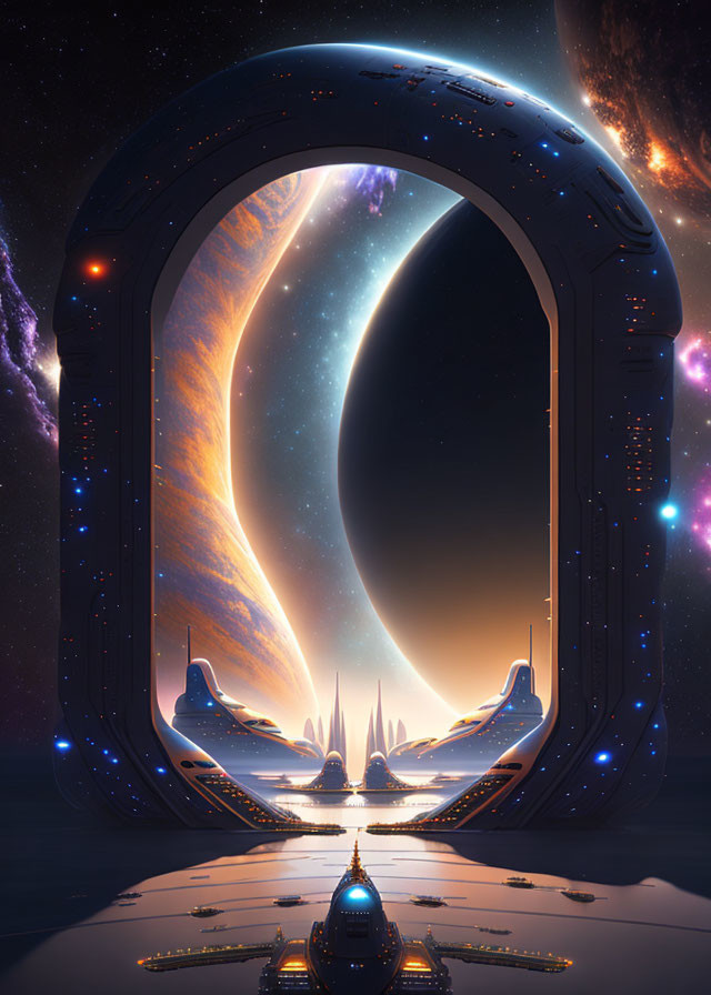 Futuristic portal gateway revealing celestial scene with planets and spaceships