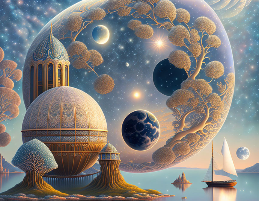 Fantastical landscape with domed structure, celestial sky, and sailing boat