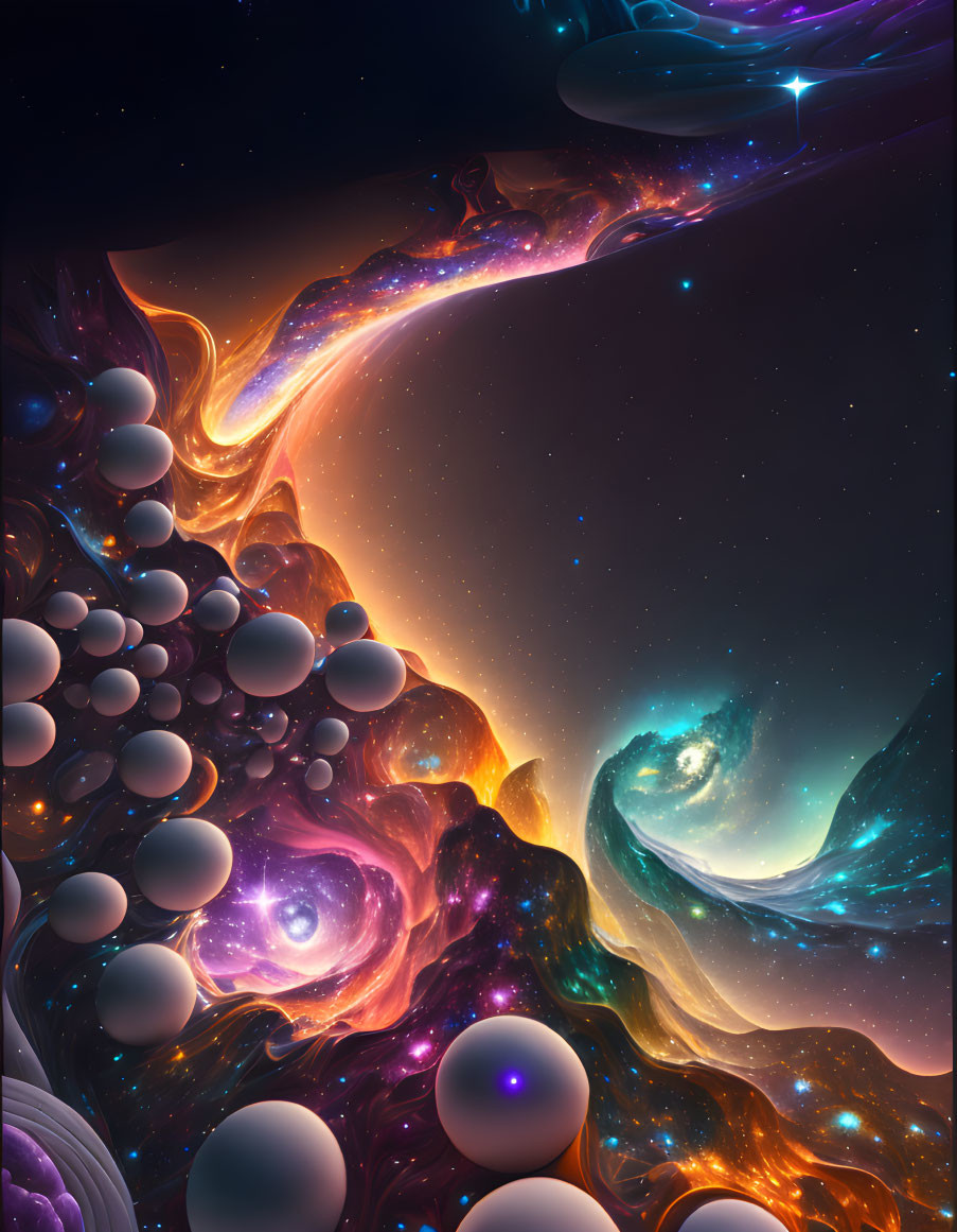 Vibrant digital art: Cosmic scene with galaxies, nebulae, light ribbons, and