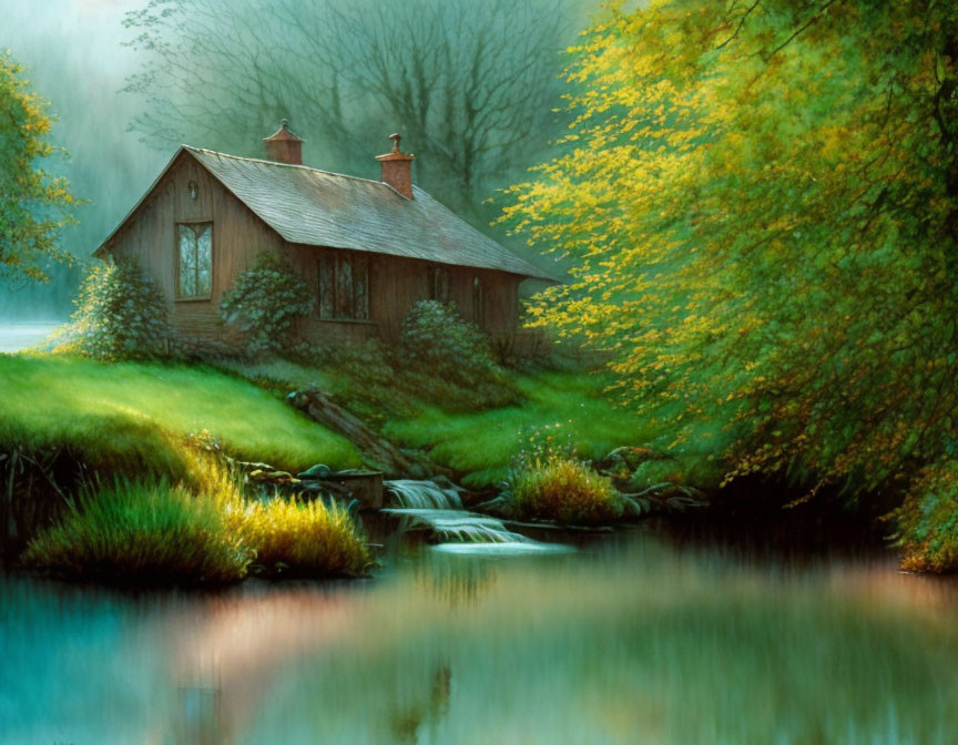 Tranquil autumnal cabin by gentle stream amid yellowing trees