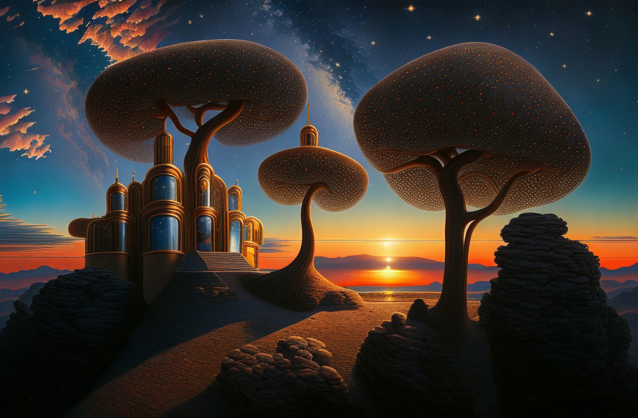 Fantastical landscape with mushroom-like structures, golden castle, sunset, and starry sky