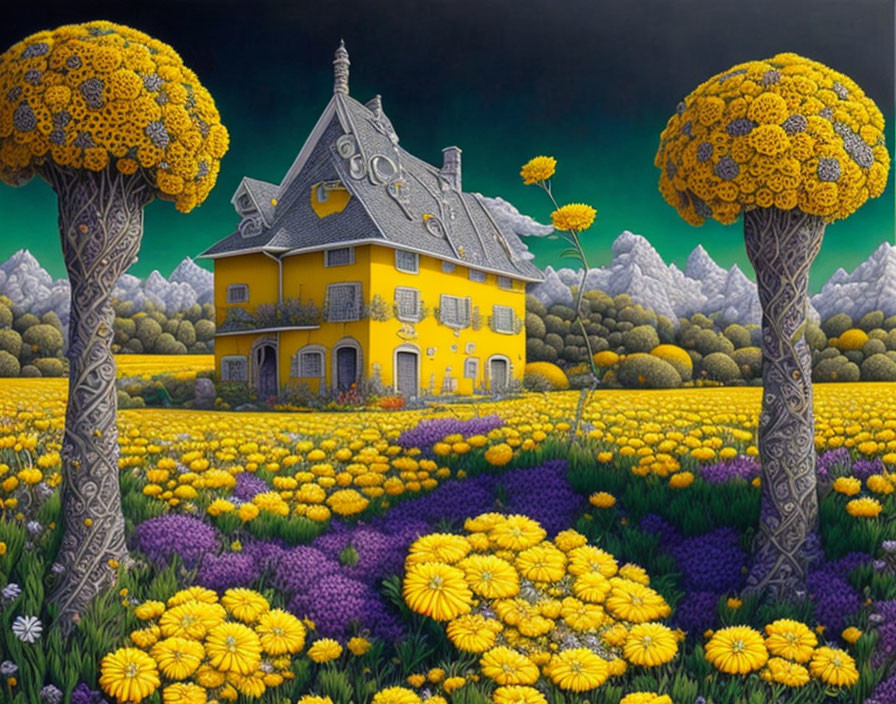 Colorful painting of yellow house in vibrant field