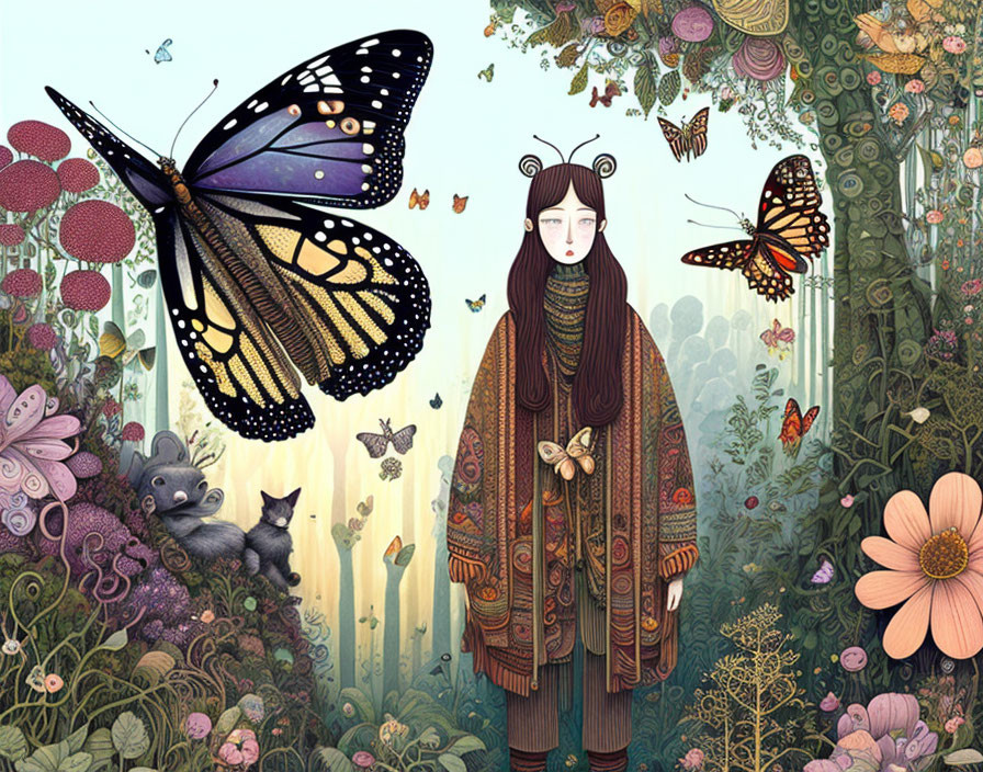 Colorful illustration of person with animal ear hat, surrounded by butterflies, cat, and vibrant flora in